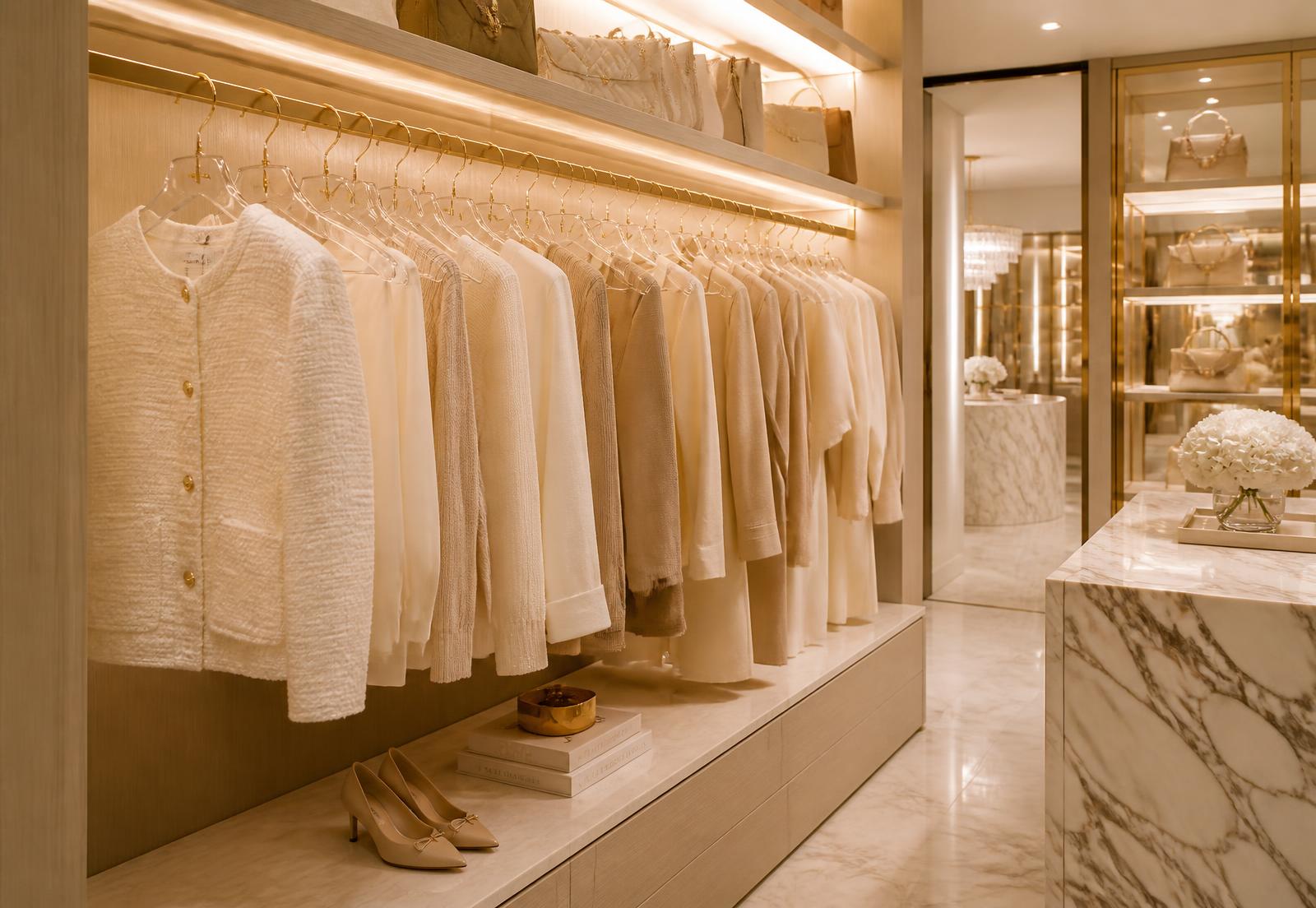 Luxury walk-in closet with clear acrylic hangers and gold hooks